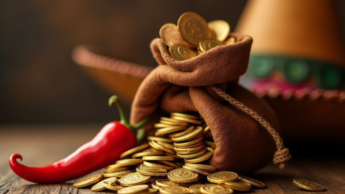 Leather bag filled with gold coins next to a spicy pepper and a sombrero.