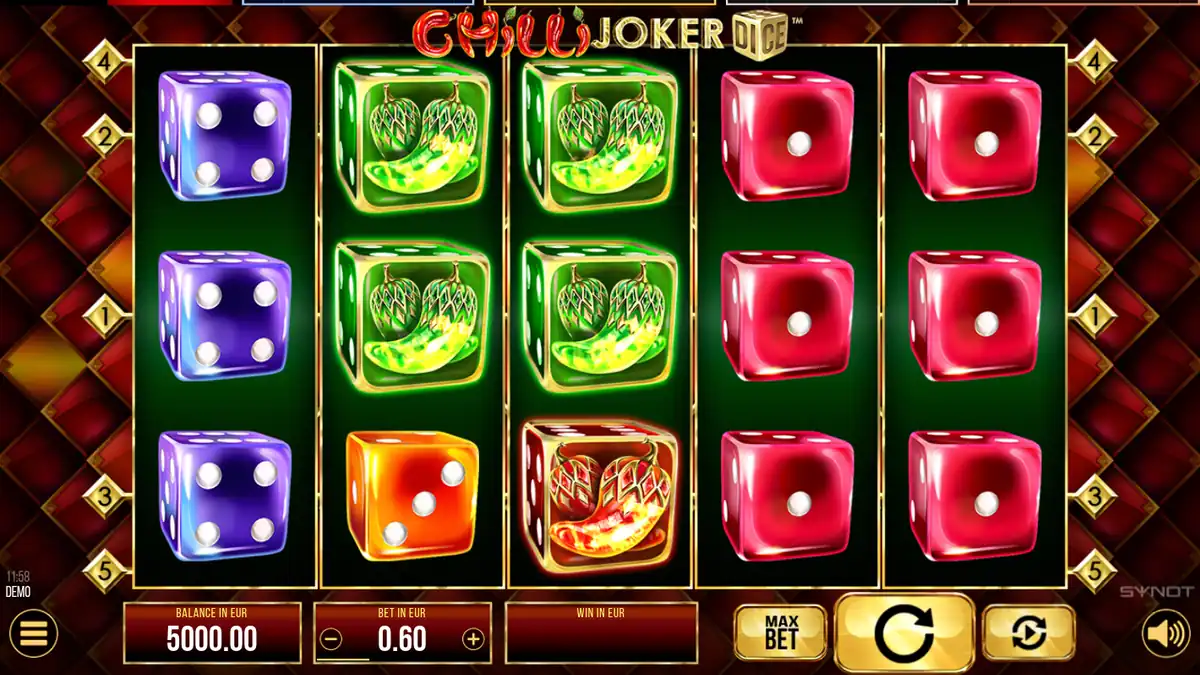 Pantalla del juego base de Chilli Joker Dice con símbolos de dados