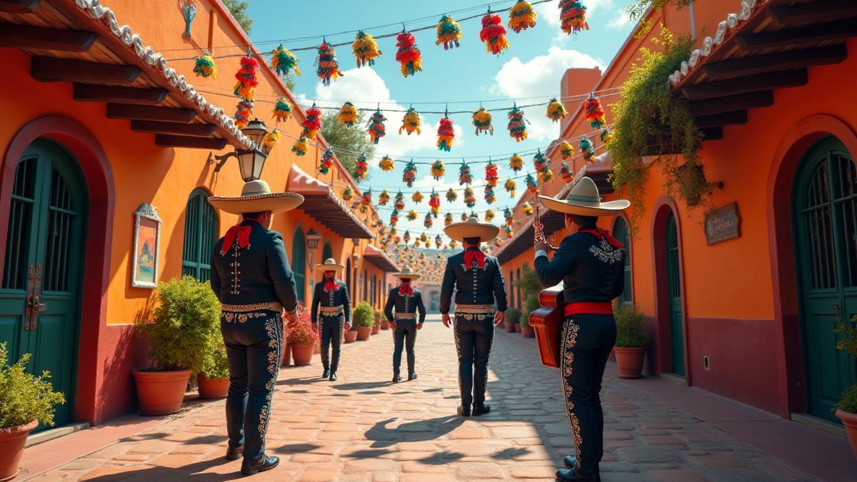 A Mexican town with mariachi bands and colorful piñatas.