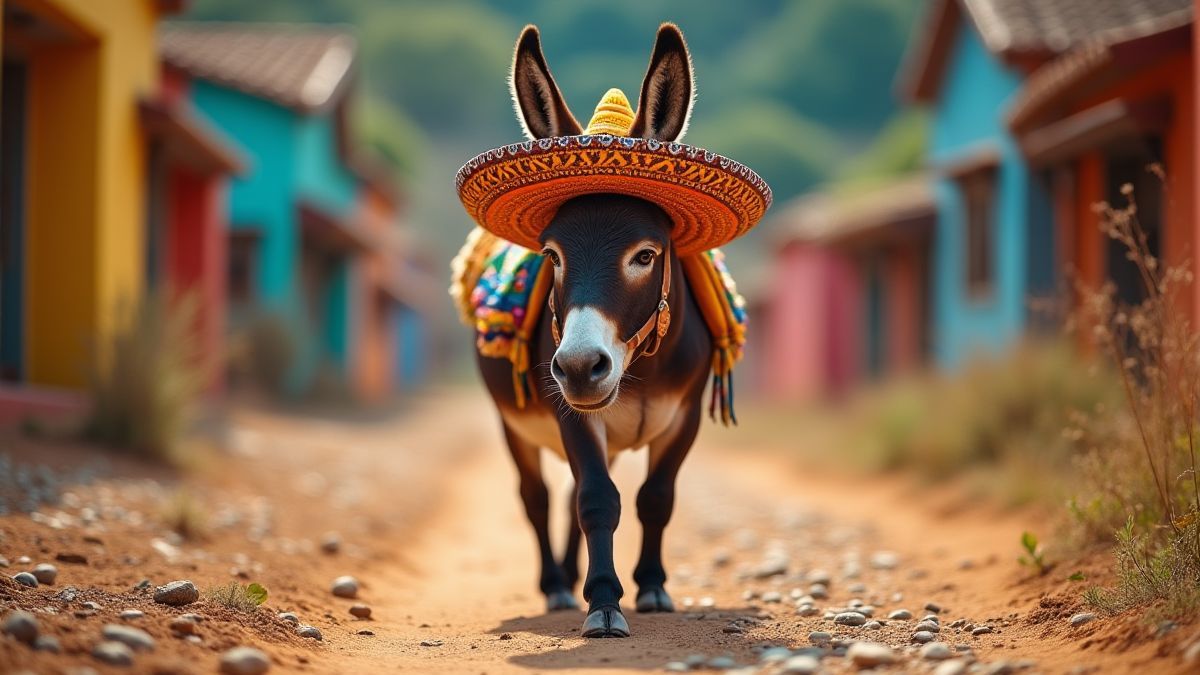 A Mexican donkey with a festive hat on a colorful path.