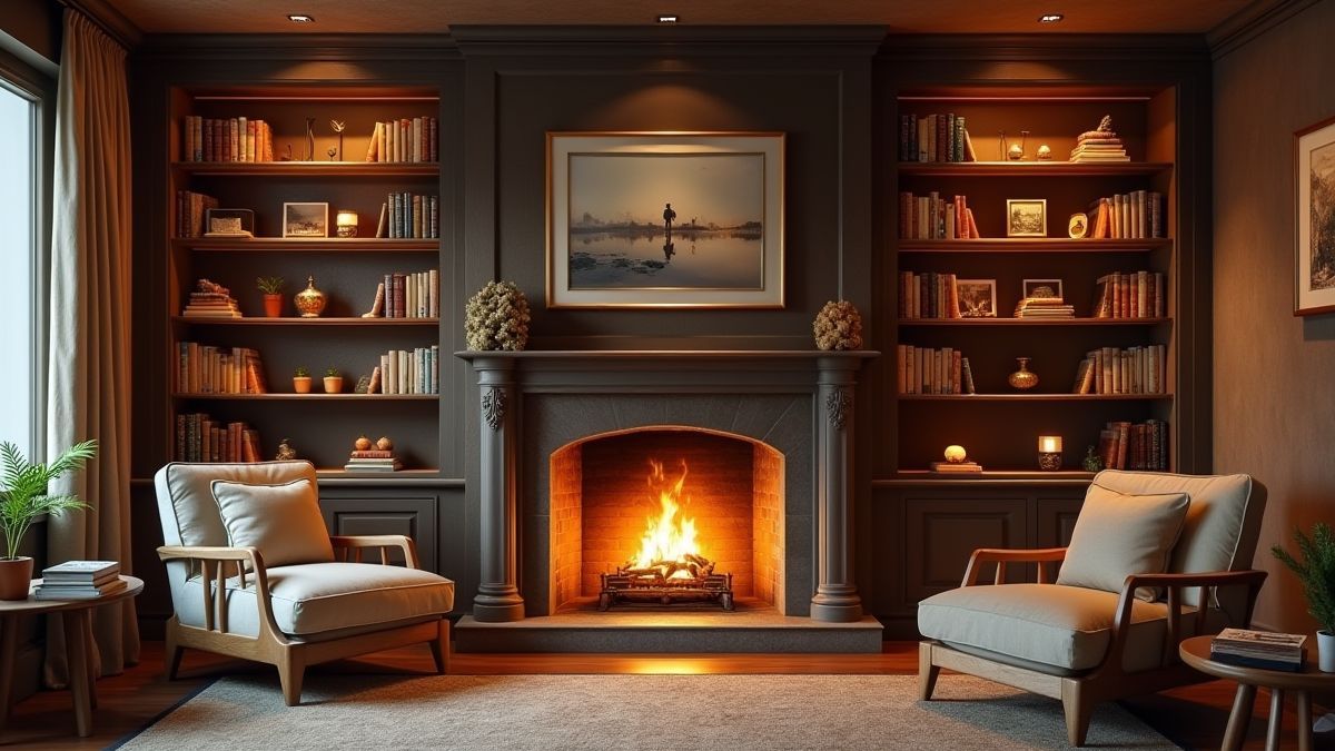 Salle de séjour accueillante avec cheminée et ambiance chaleureuse