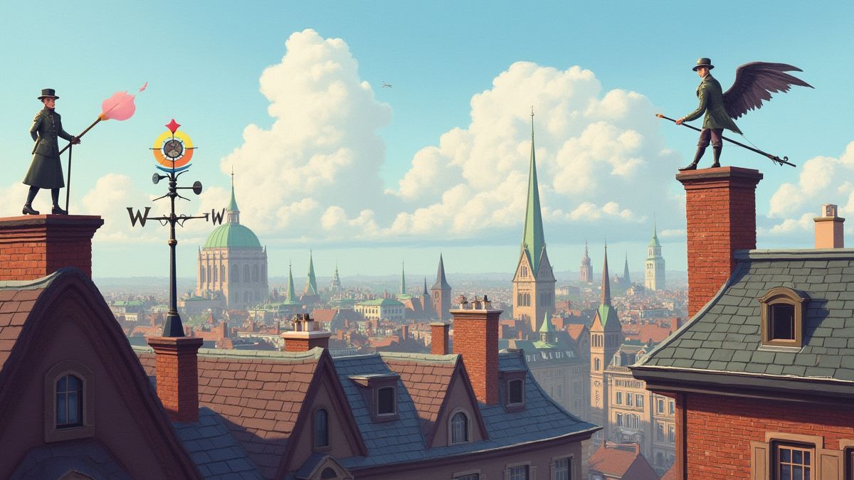 Vue de toits avec détails colorés et ramoneurs.