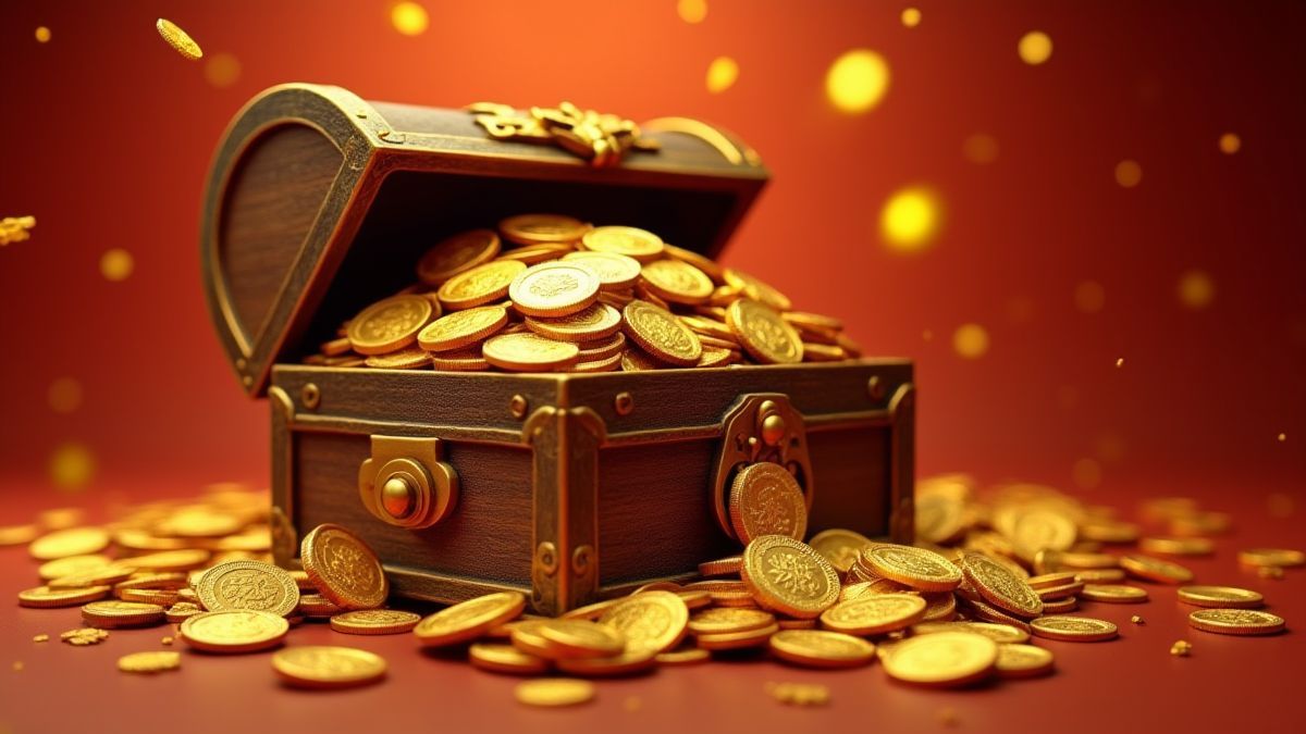 Chinesische Schatztruhe voller goldener Münzen.