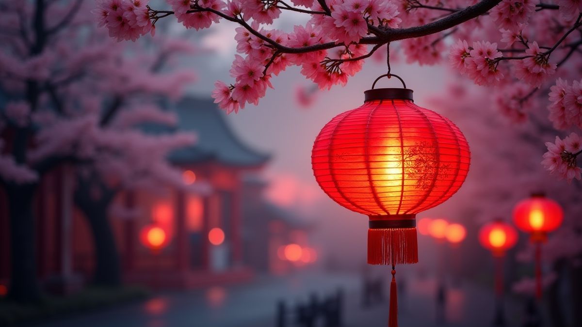 Rode Chinese lantaarn onder kersenbloesembomen bij schemering.