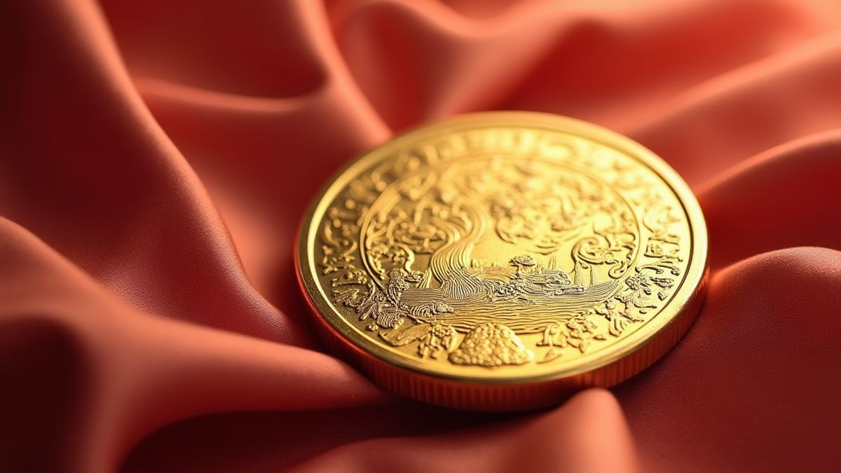 Gouden munt met Chinese gravures op zijde.