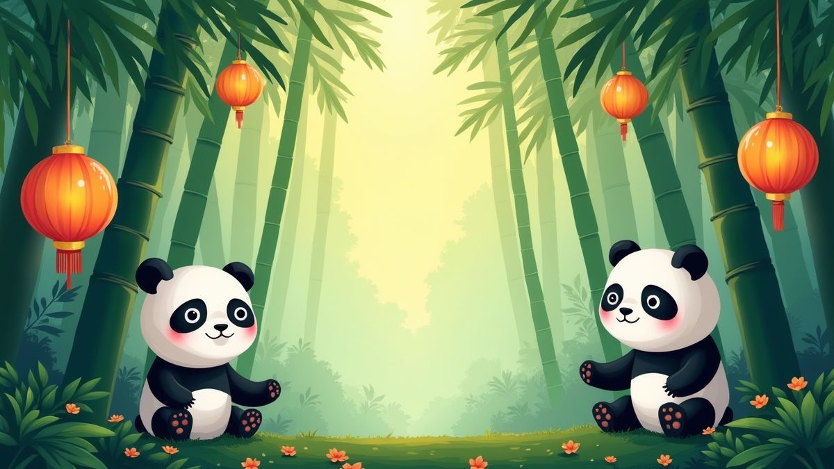 A bamboo forest with pandas and Chinese lanterns.