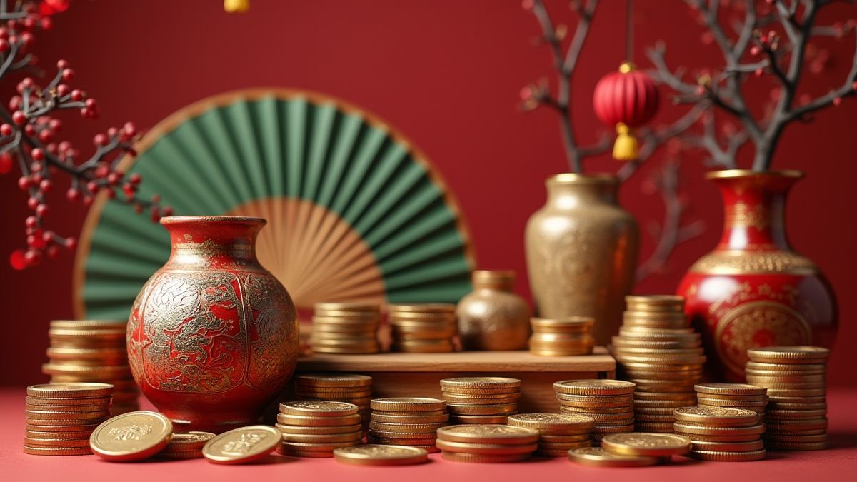 Coins and traditional Chinese artifacts like vases and fans.