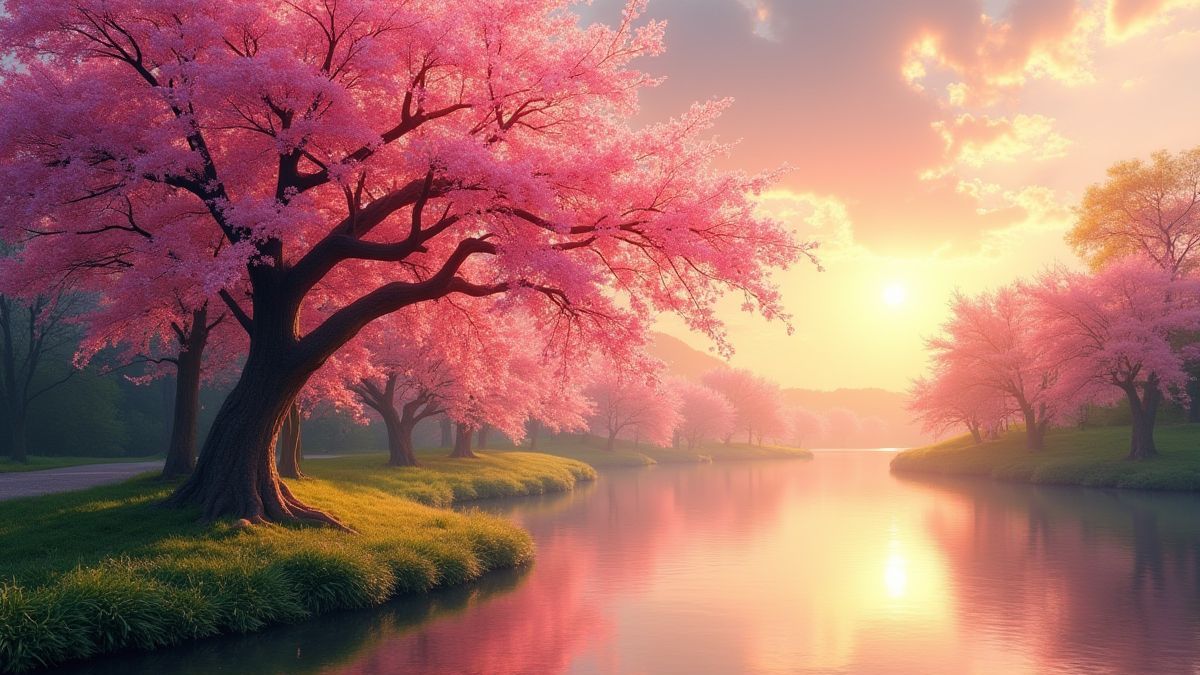 Cherry tree by a river under a golden sunset.