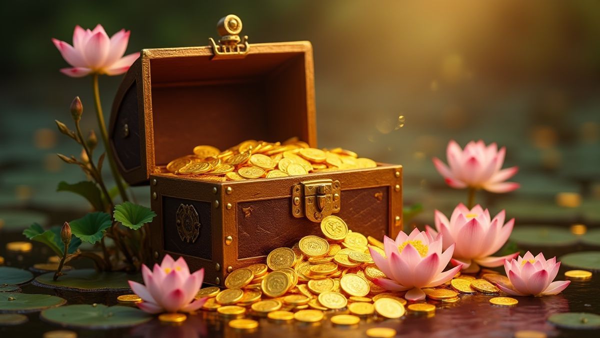 Golden coins spilling from a treasure chest surrounded by lotus flowers.
