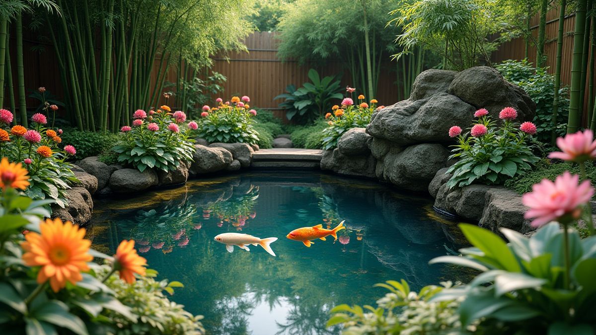 Koi pond surrounded by bamboo and colorful flowers.