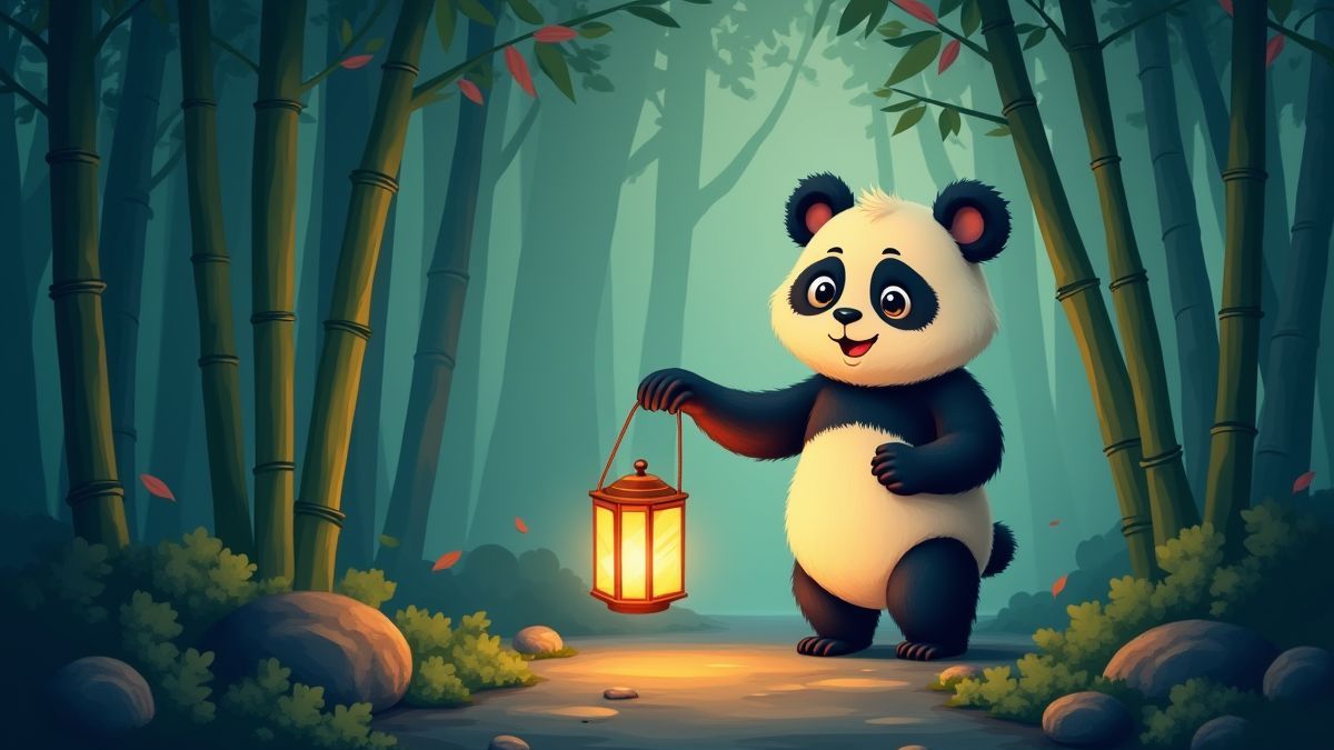 A panda holding a lantern in a bamboo forest.