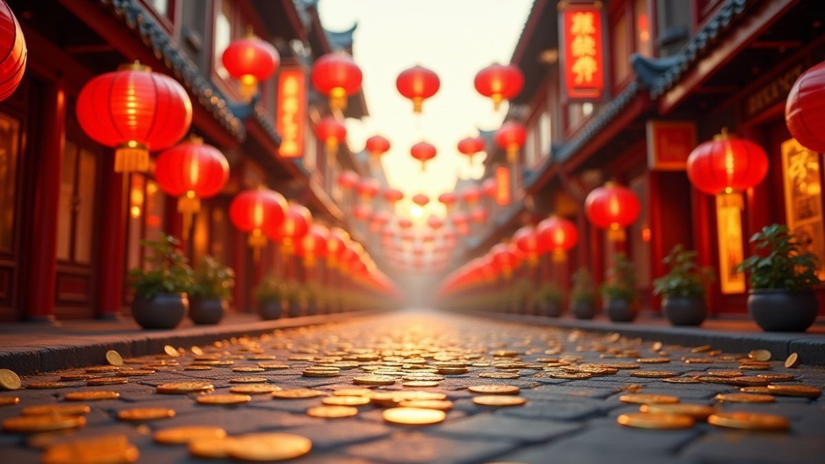 Een levendige straat van Chinatown met lantaarns en gouden munten verspreid.