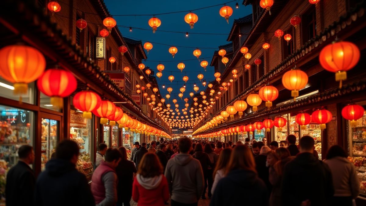Een nachtmarkt in Chinatown vol lantaarns en drukke menigten.