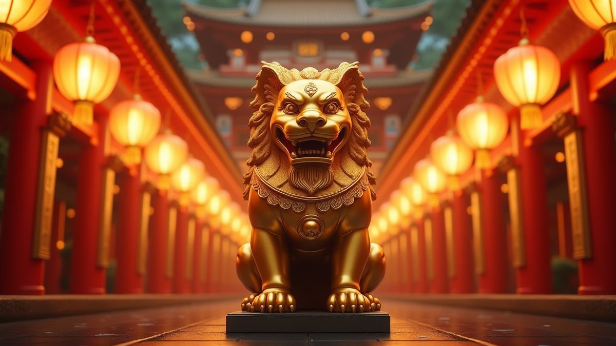 Estátua de leão dourado frente a um templo chinês.