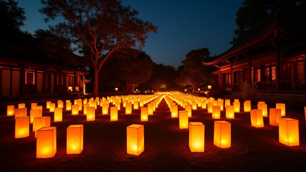 Lanternas brilhantes em um jardim oriental à noite.