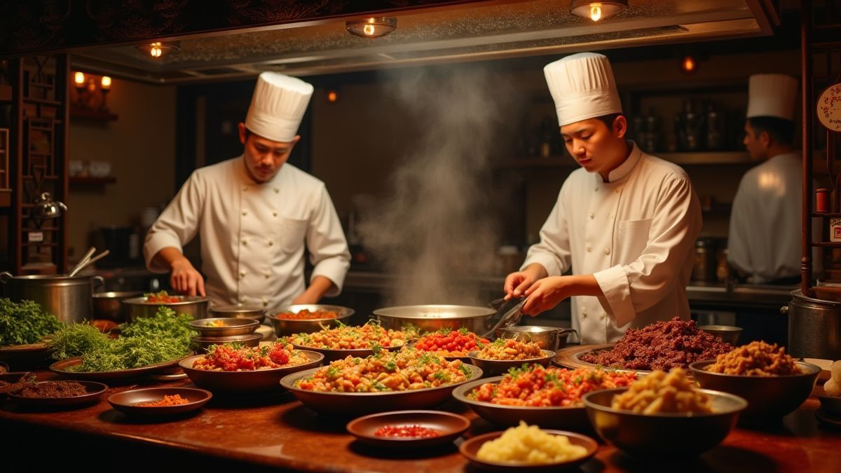 Traditionelle chinesische Küche mit Köchen, die exotisches Essen zubereiten.