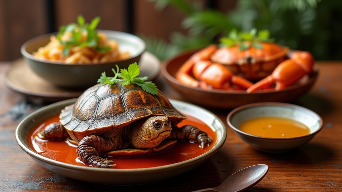 Exotische chinesische Gerichte wie Schildkrötensuppe und Krabben auf einem Tisch.