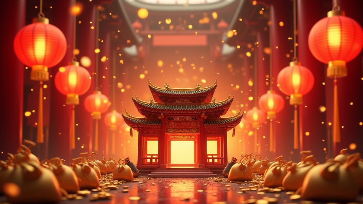 Templo chino acompañado de bolsas de monedas doradas y linternas brillantes.