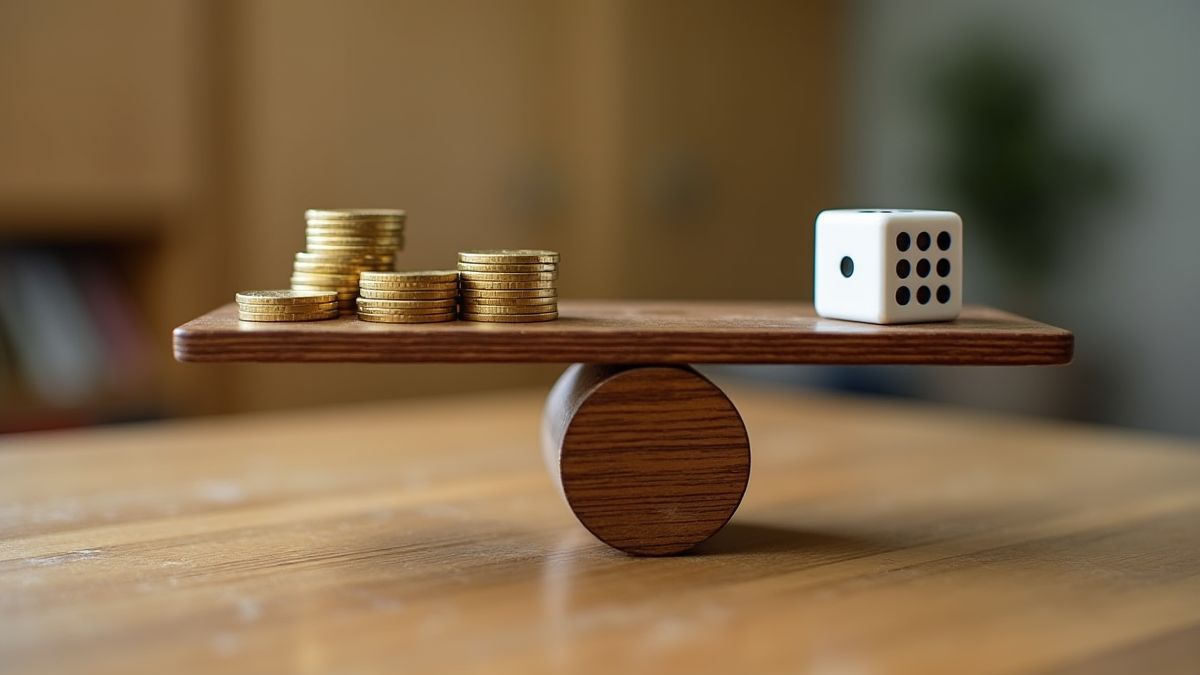 Balanza con monedas de oro y dados de riesgo en una mesa de madera.