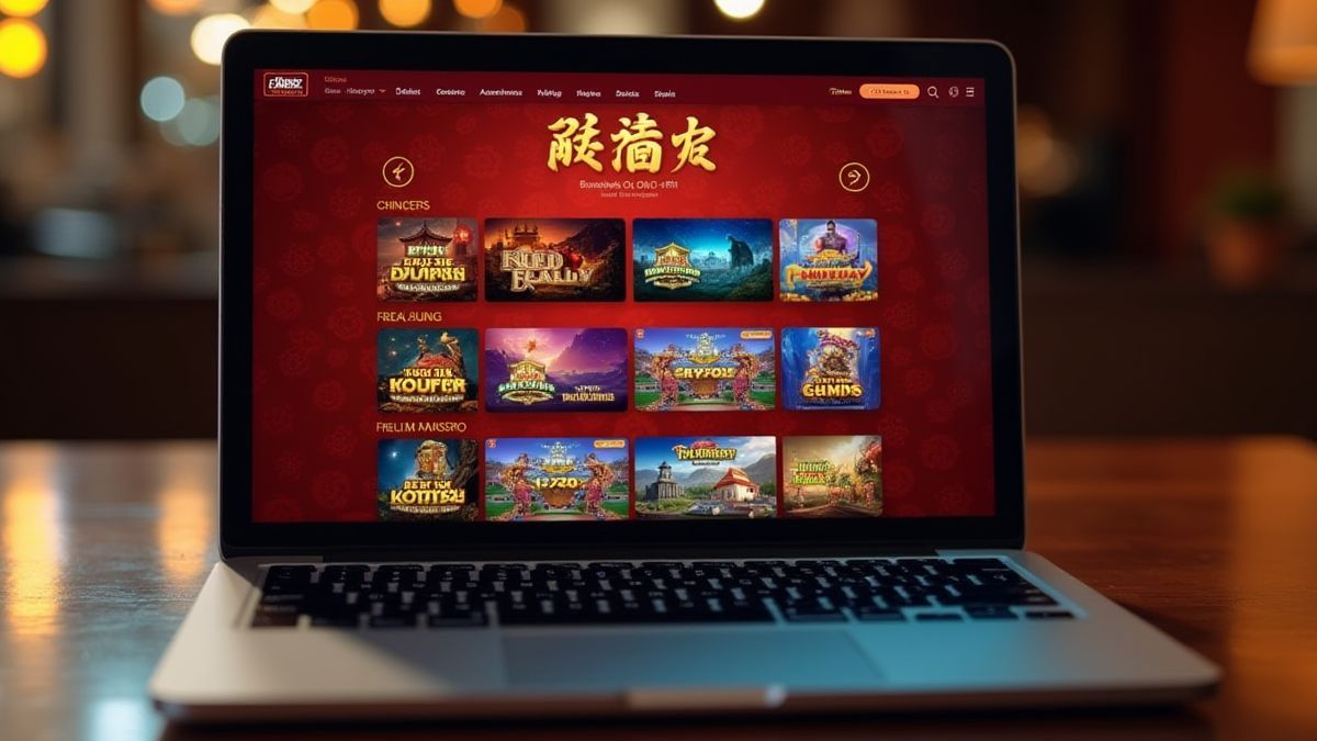 Pantalla de portátil mostrando una plataforma de casino con juegos de temática china.