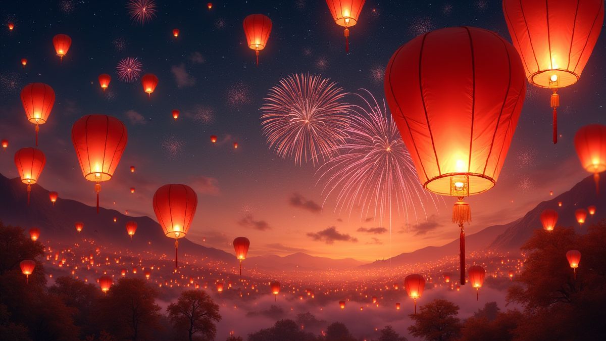 Chinese lanterns and fireworks in the night sky.