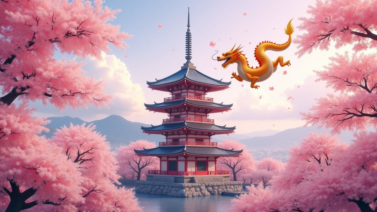 Pagoda rodeada de flores de cerejo com um dragão dourado voando.