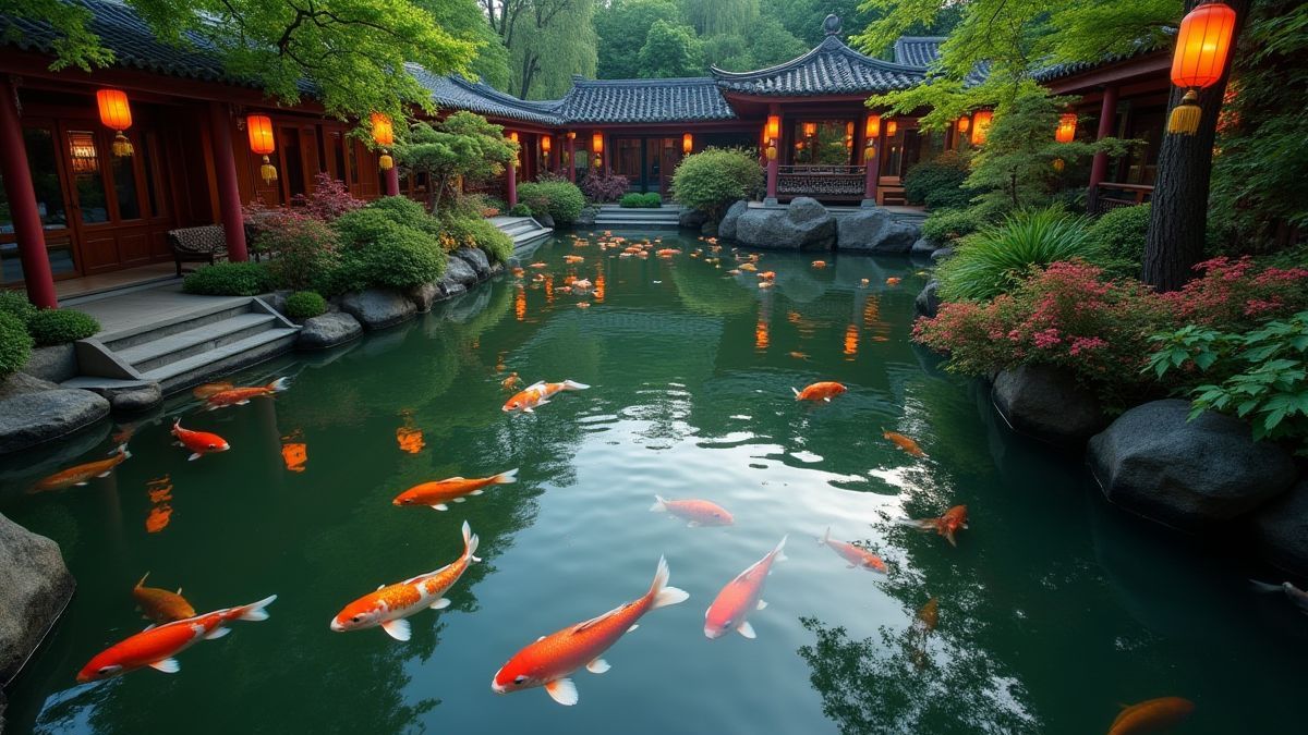 Jardim chinês com peixes koi em um lago rodeado de lanternas.