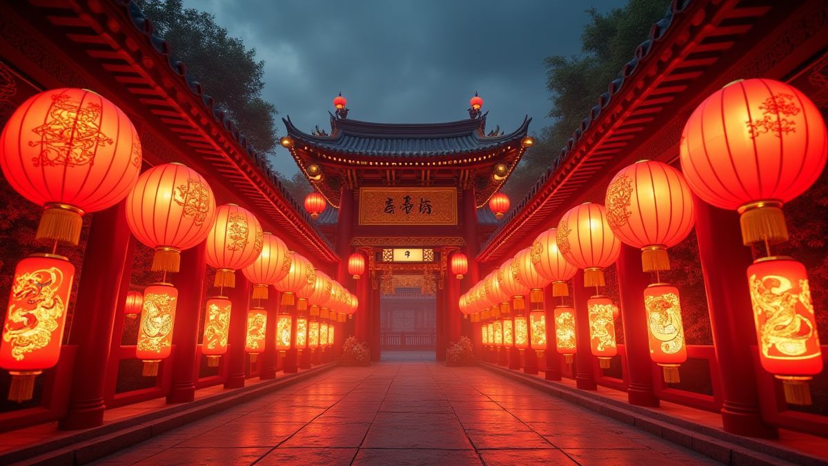 Un templo tradicional chino rodeado de farolillos y símbolos zodiacales.