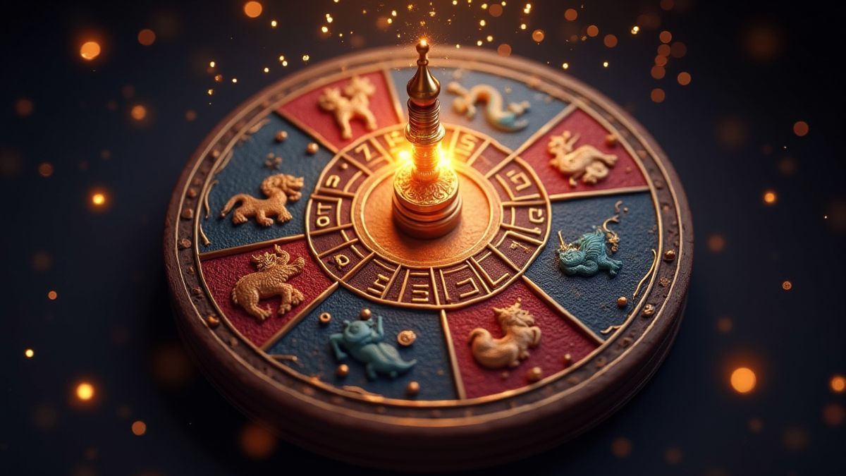 Rueda de la fortuna con animales zodiacales y efectos brillantes.