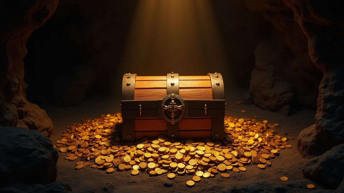 Un cofre del tesoro rodeado de monedas de oro en una cueva iluminada.