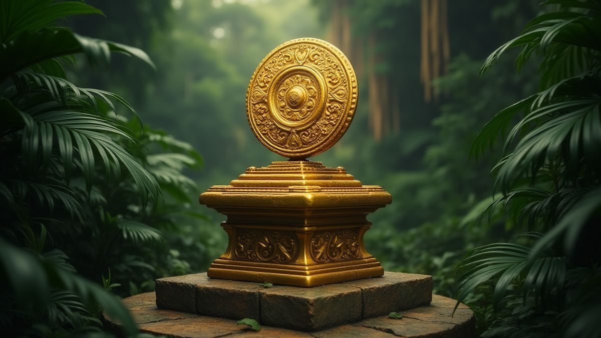 Un artefacto dorado en un pedestal rodeado de vegetación de la jungla.