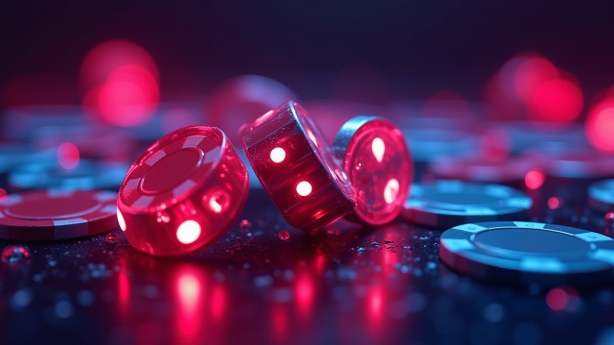 Künstlerische Illustration von Pokerchips und Würfeln unter Neonlichtern.