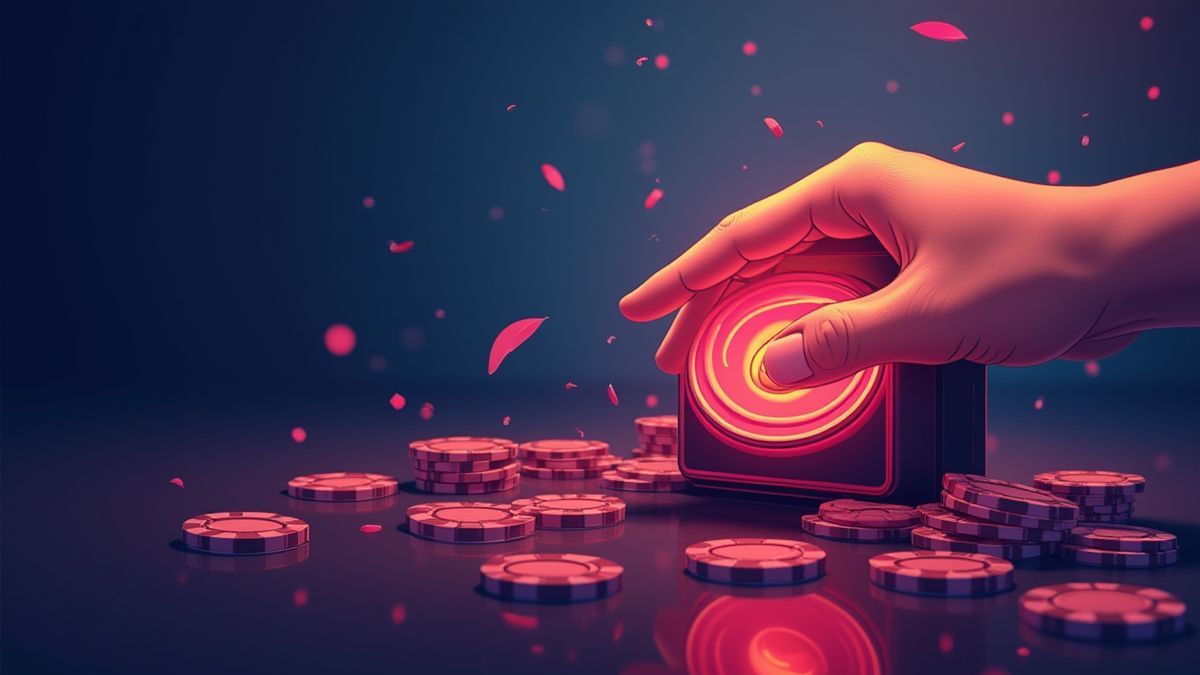Eine Hand drückt den Dreh-Button an einem Spielautomaten.