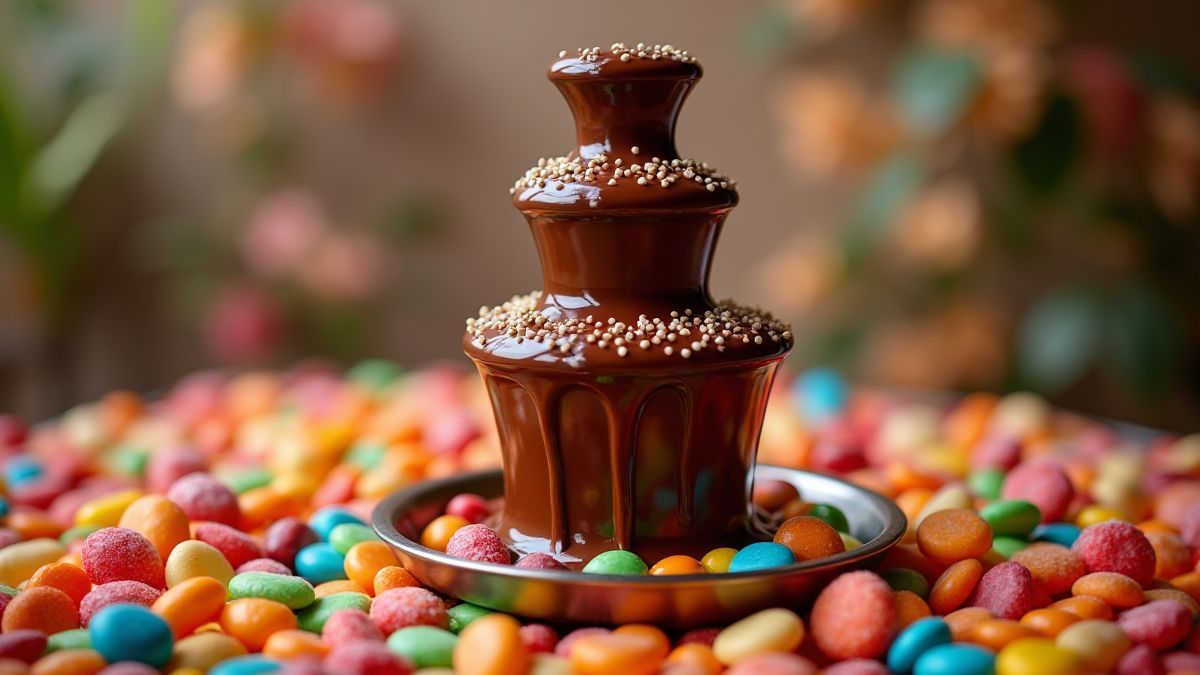 Schokoladenbrunnen umgeben von bunten Süßigkeiten.