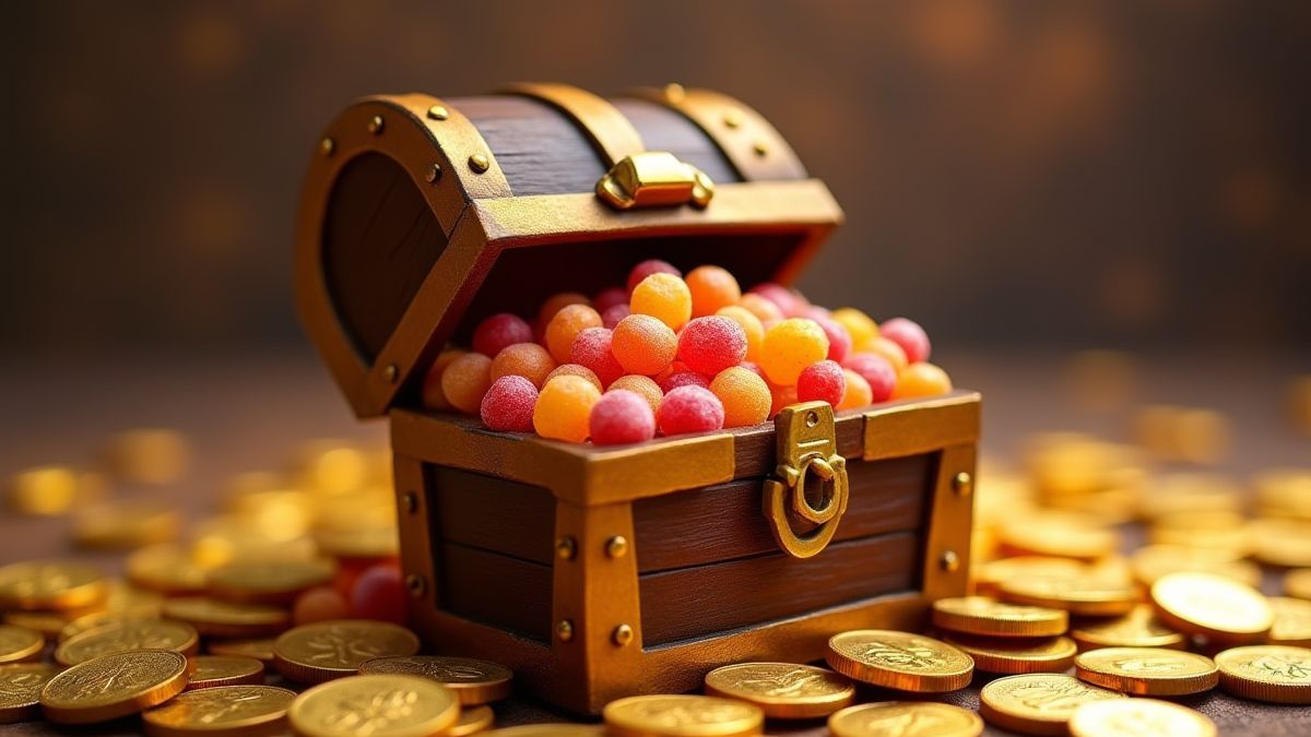Eine Truhe voller Süßigkeiten, umgeben von Goldmünzen.