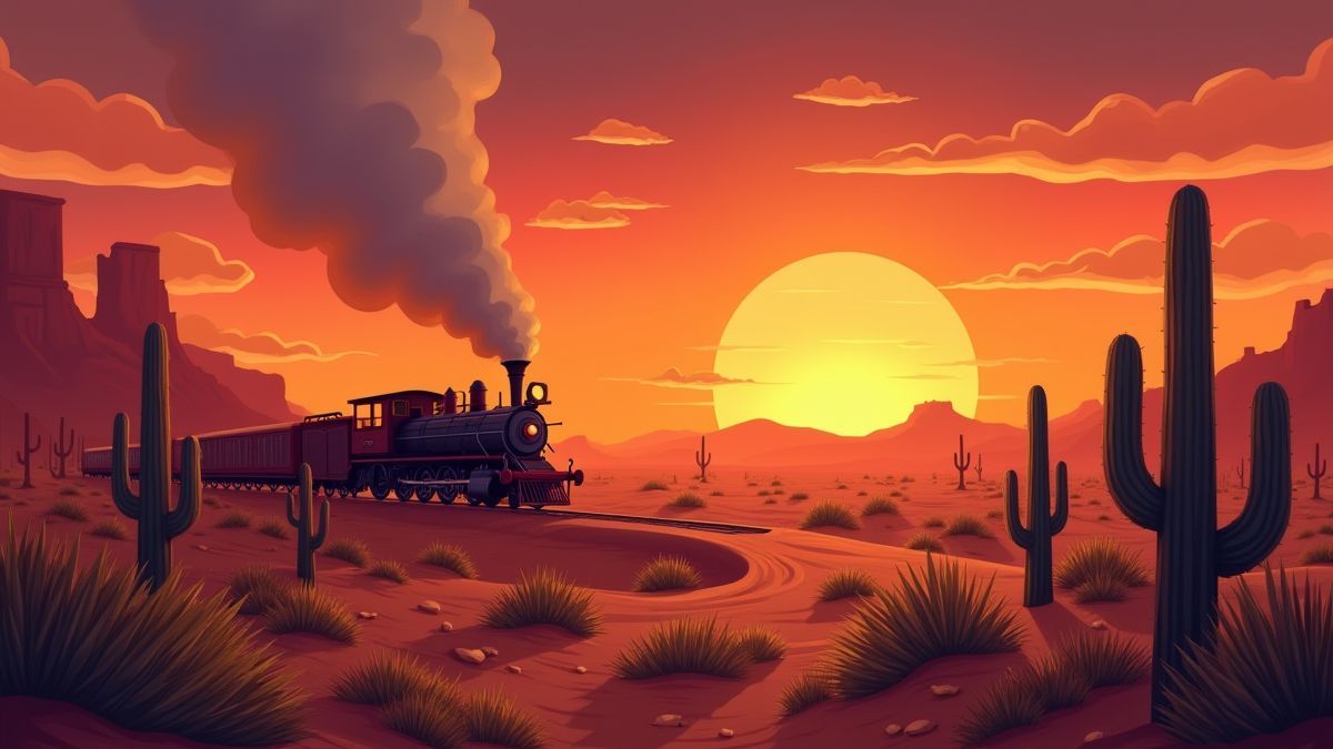 Desierto del salvaje oeste con un tren y cactus al atardecer
