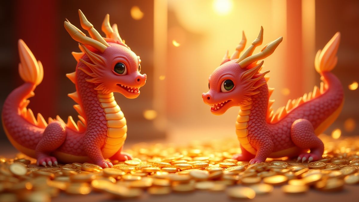Golden coins and dragons in an animated Chinese environment.