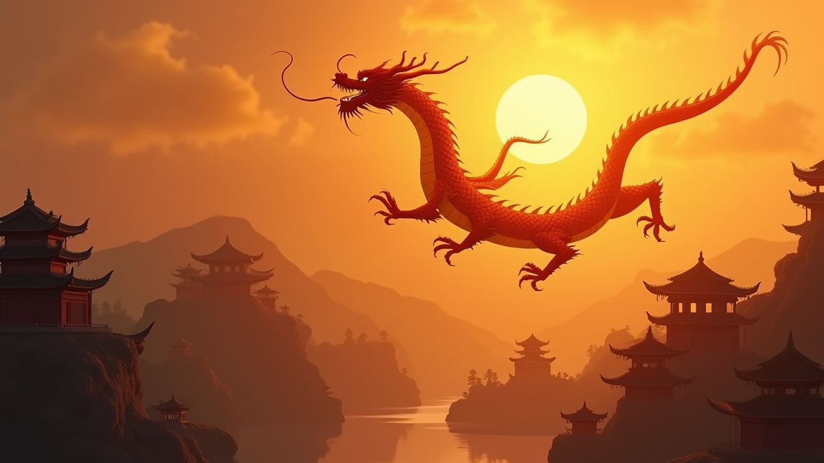 A golden dragon flying over ancient Chinese temples at sunset.