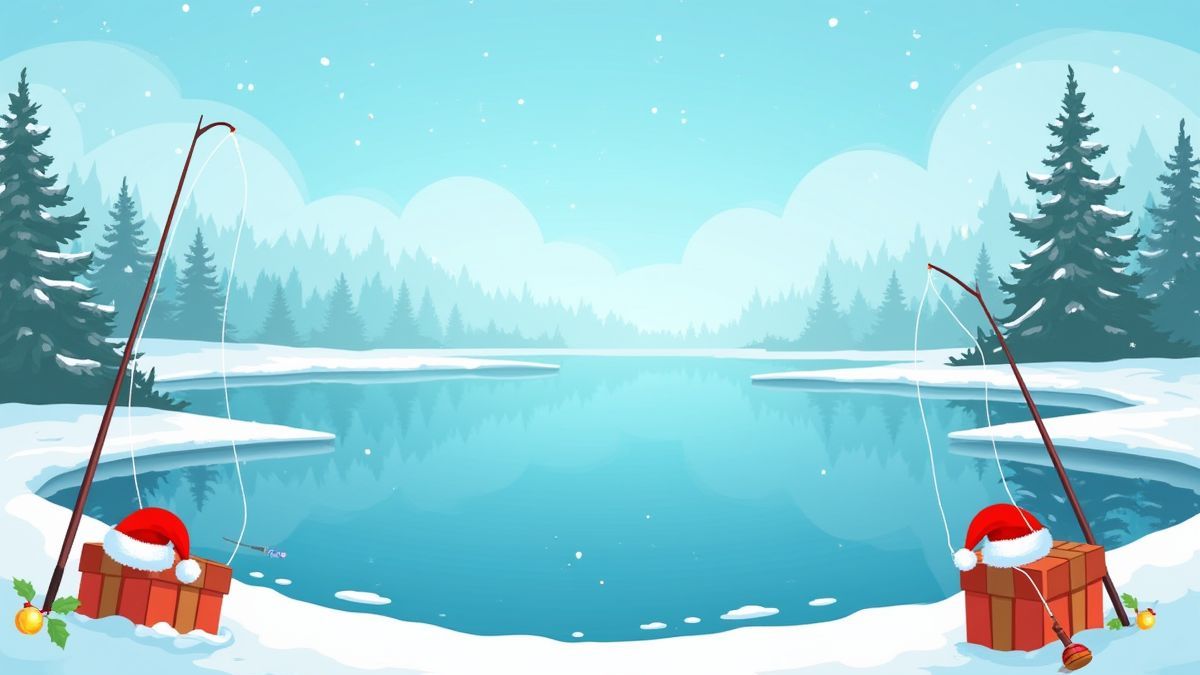 Un lac enneigé décoré avec des équipements de pêche festifs et des bonnets de Père Noël.