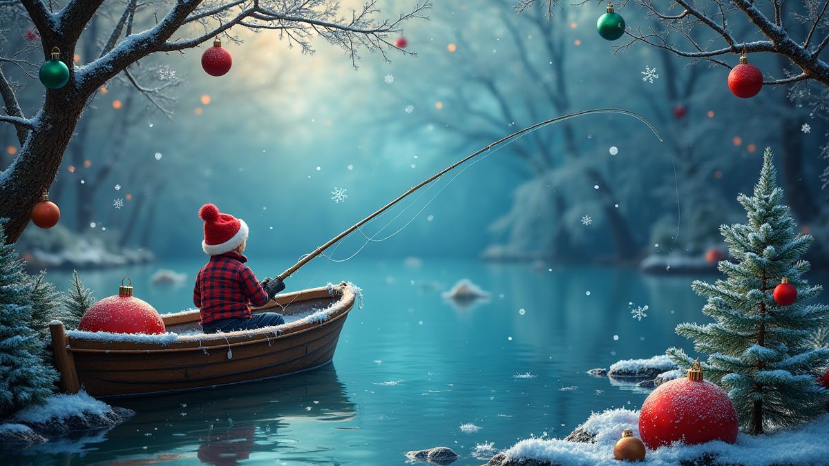 Scène de pêche festive avec des flocons de neige et des décorations de Noël.
