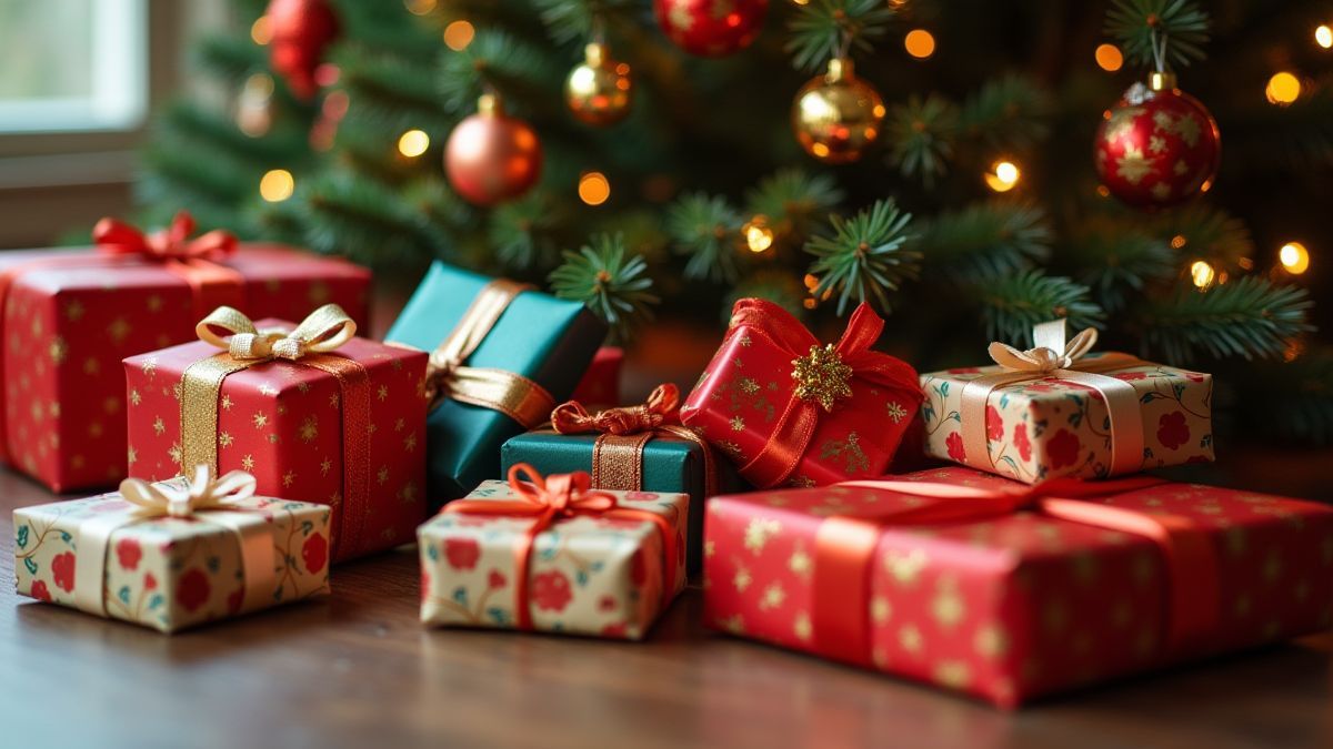 Regalos coloridos apilados bajo un árbol de Navidad decorado.