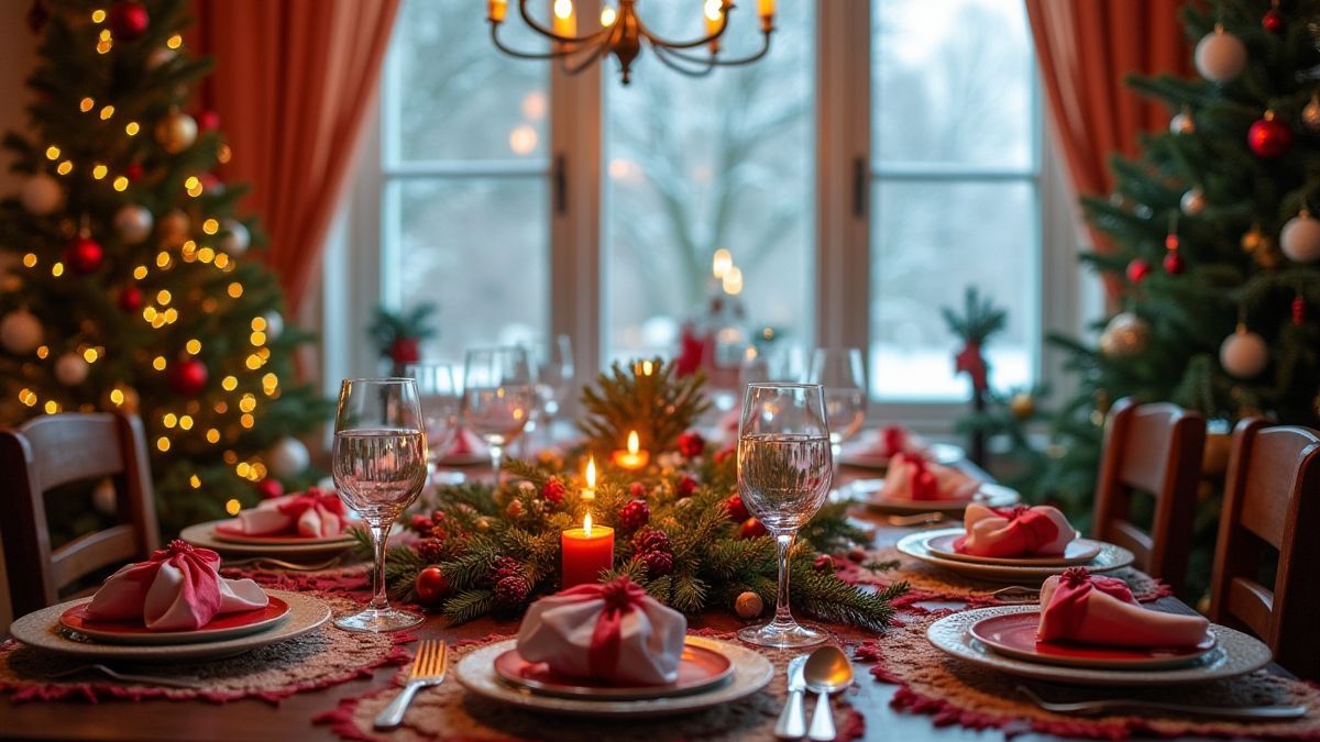 Una mesa navideña festiva con nieve visible desde la ventana.
