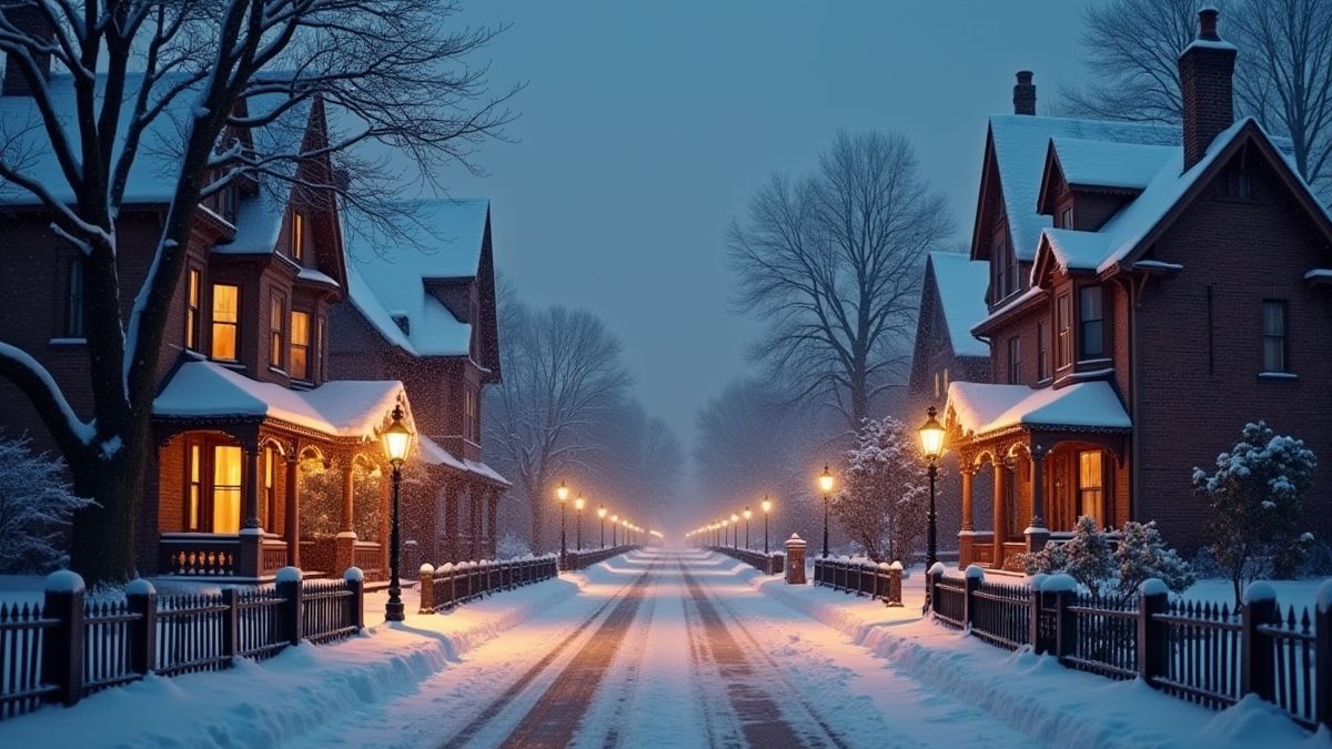 Rue victorienne de Noël avec de la neige et des lumières chaleureuses.