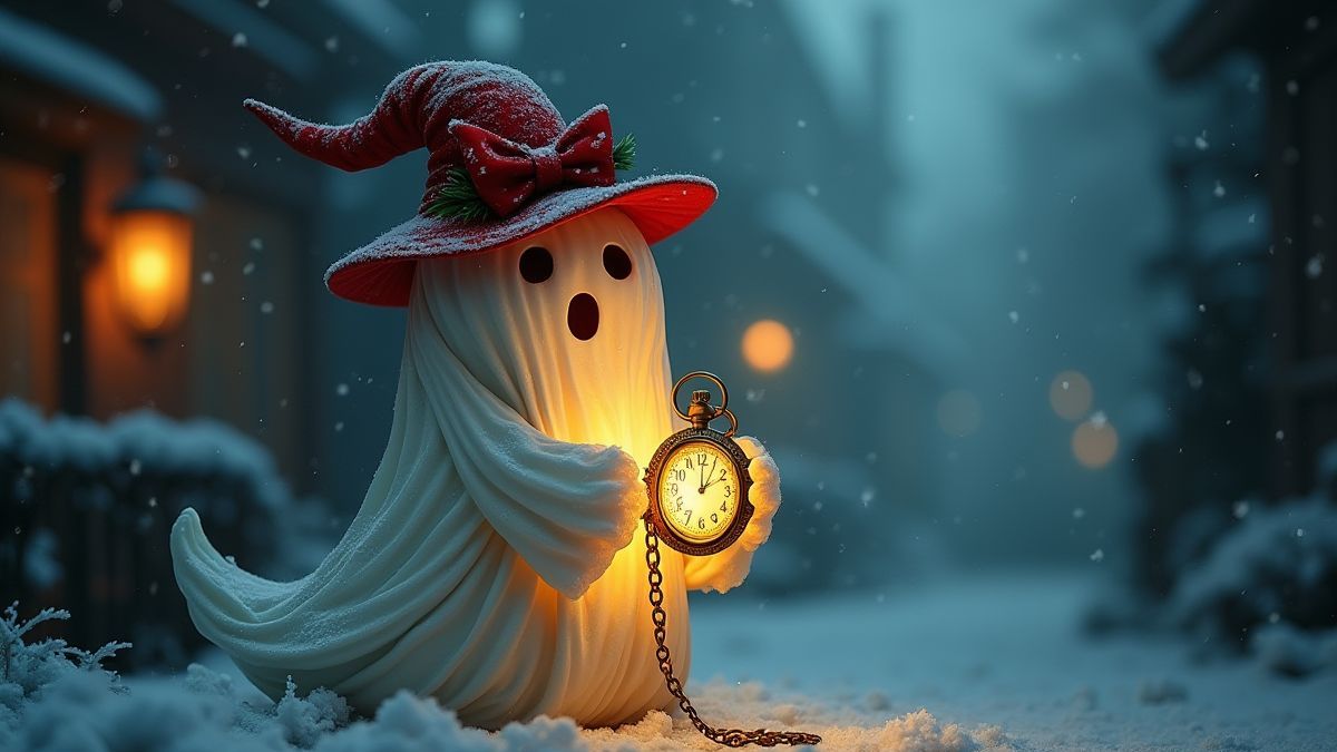 Un fantôme festif tenant une montre de poche dans un paysage enneigé.