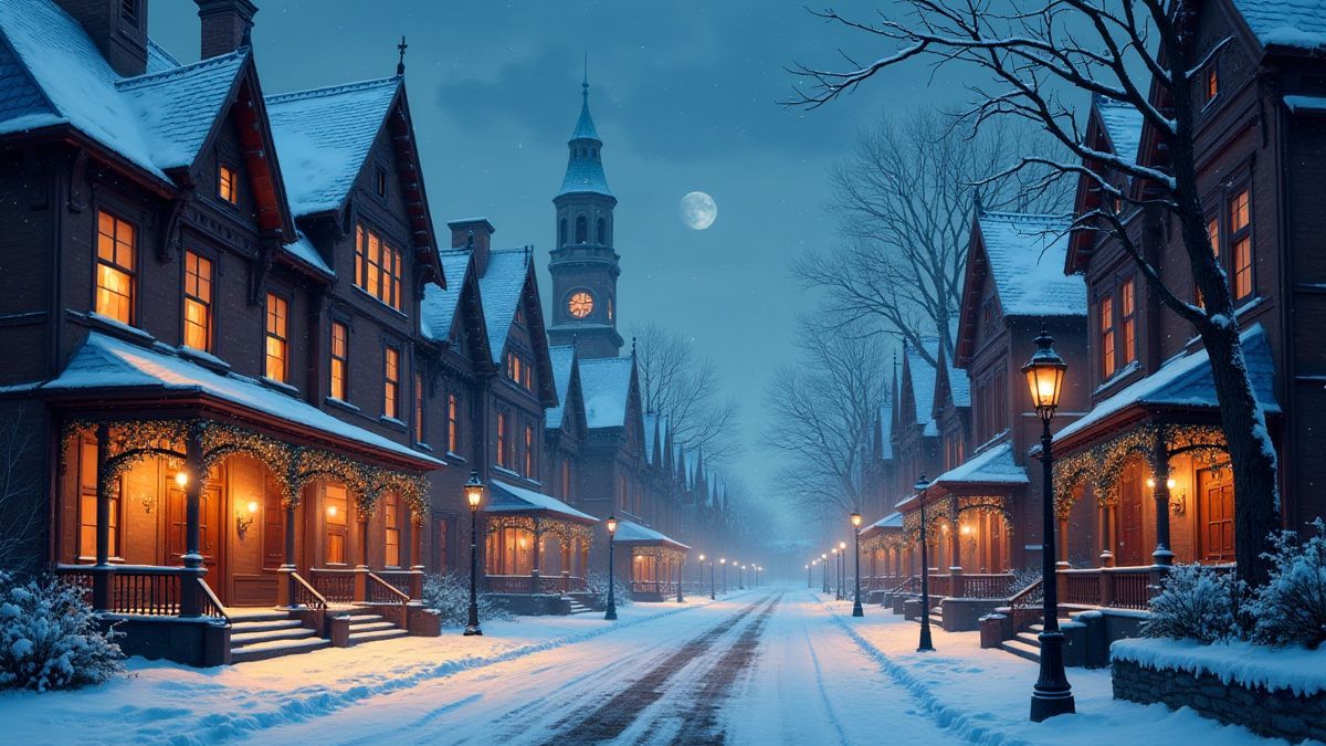 Une rue victorienne enneigée avec des fenêtres illuminées.