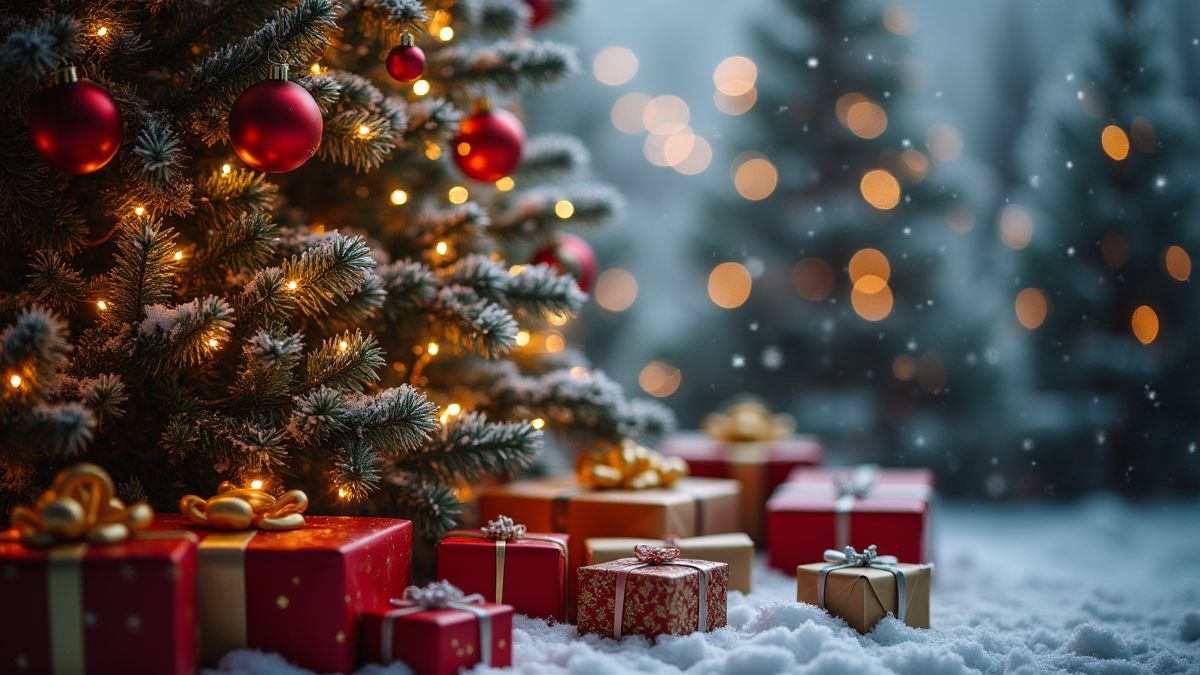 Schneebedeckter Weihnachtsbaum dekoriert mit Lichtern und Geschenken.