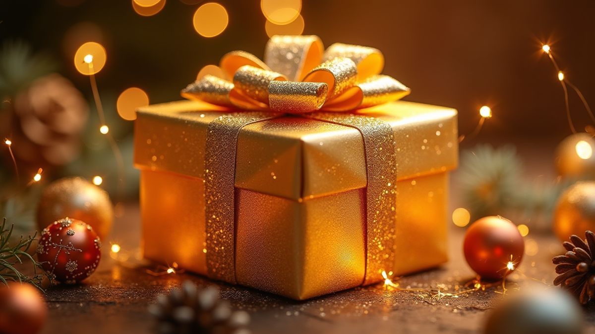 Glänzende goldene Geschenkbox mit festlichen Dekorationen.