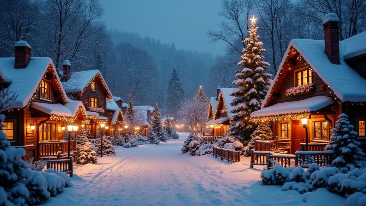 Gemütliches verschneites Dorf mit Weihnachtslichtern.