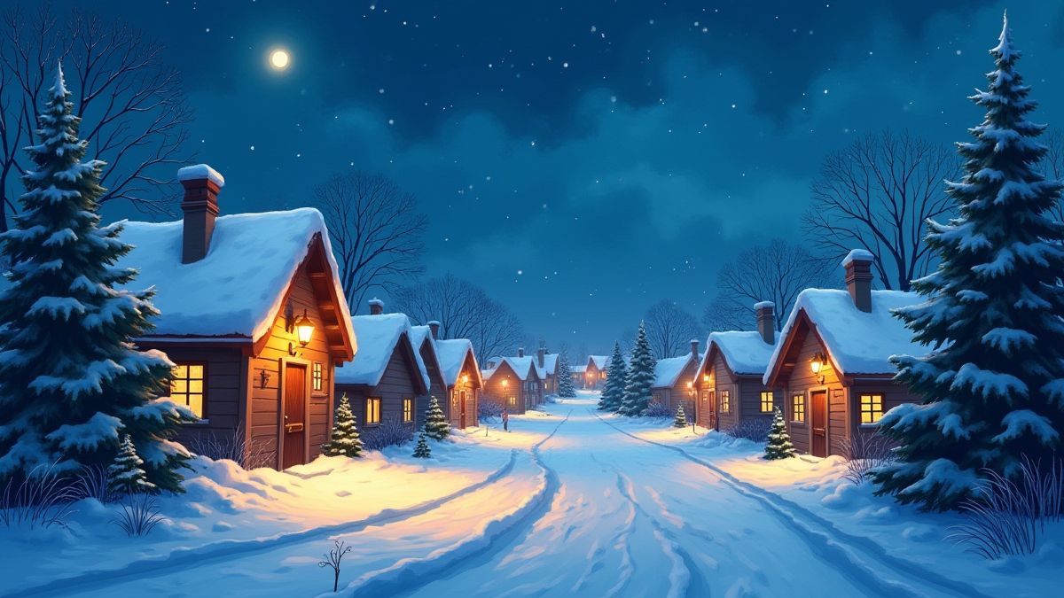 Pueblo nevado iluminado por luces navideñas.