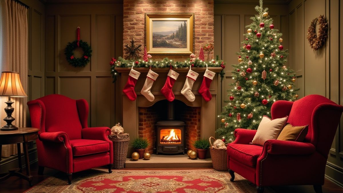 Sala de estar acogedora con chimenea y árbol de Navidad decorado.